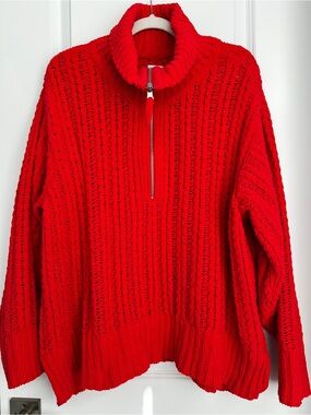 Aerie Cable Car Quarter Zip Sweater Red Size Medium